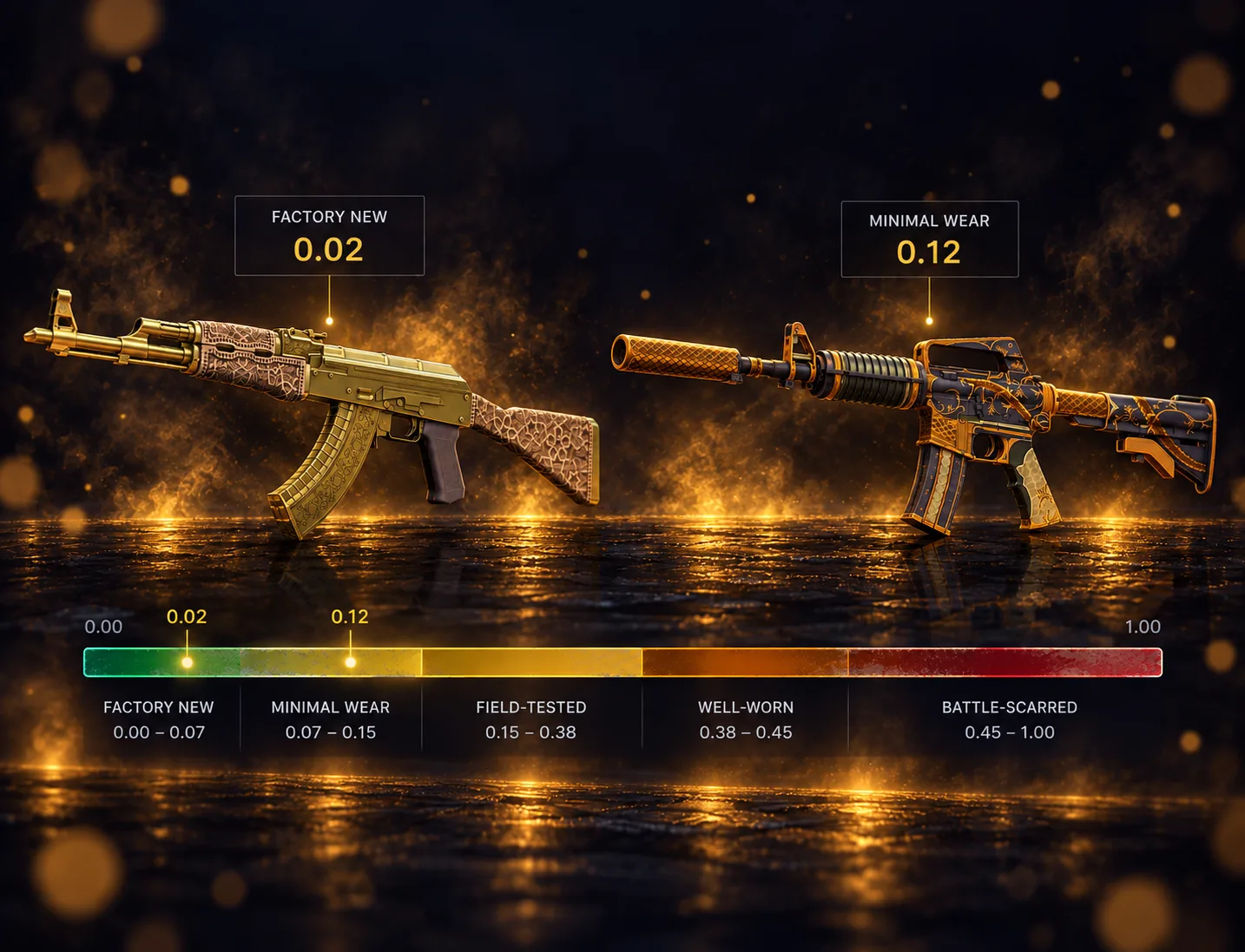 CS2 wear bands from Factory New 0.00 to 0.07 through to Battle-Scarred 0.45 to 1.00, with two example skins marked at float 0.02 and 0.12